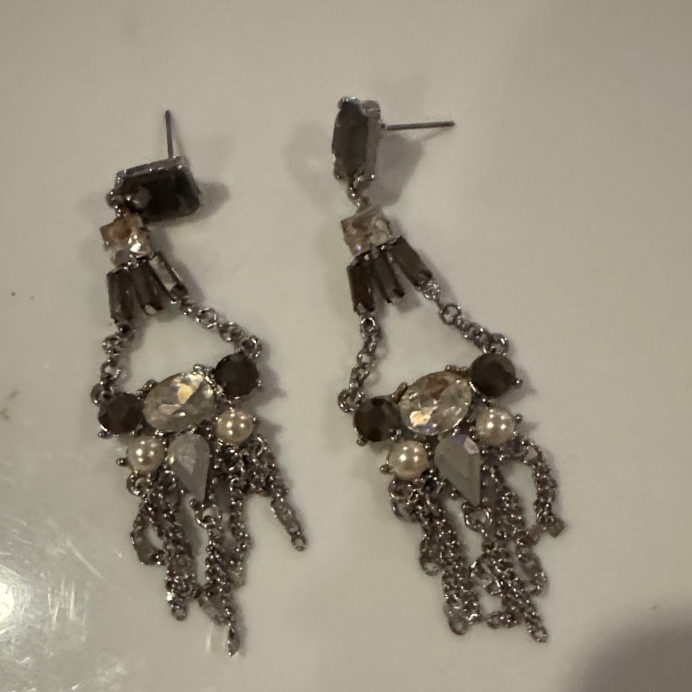 White House Black Market Silver and Pearl Chain Earrings
